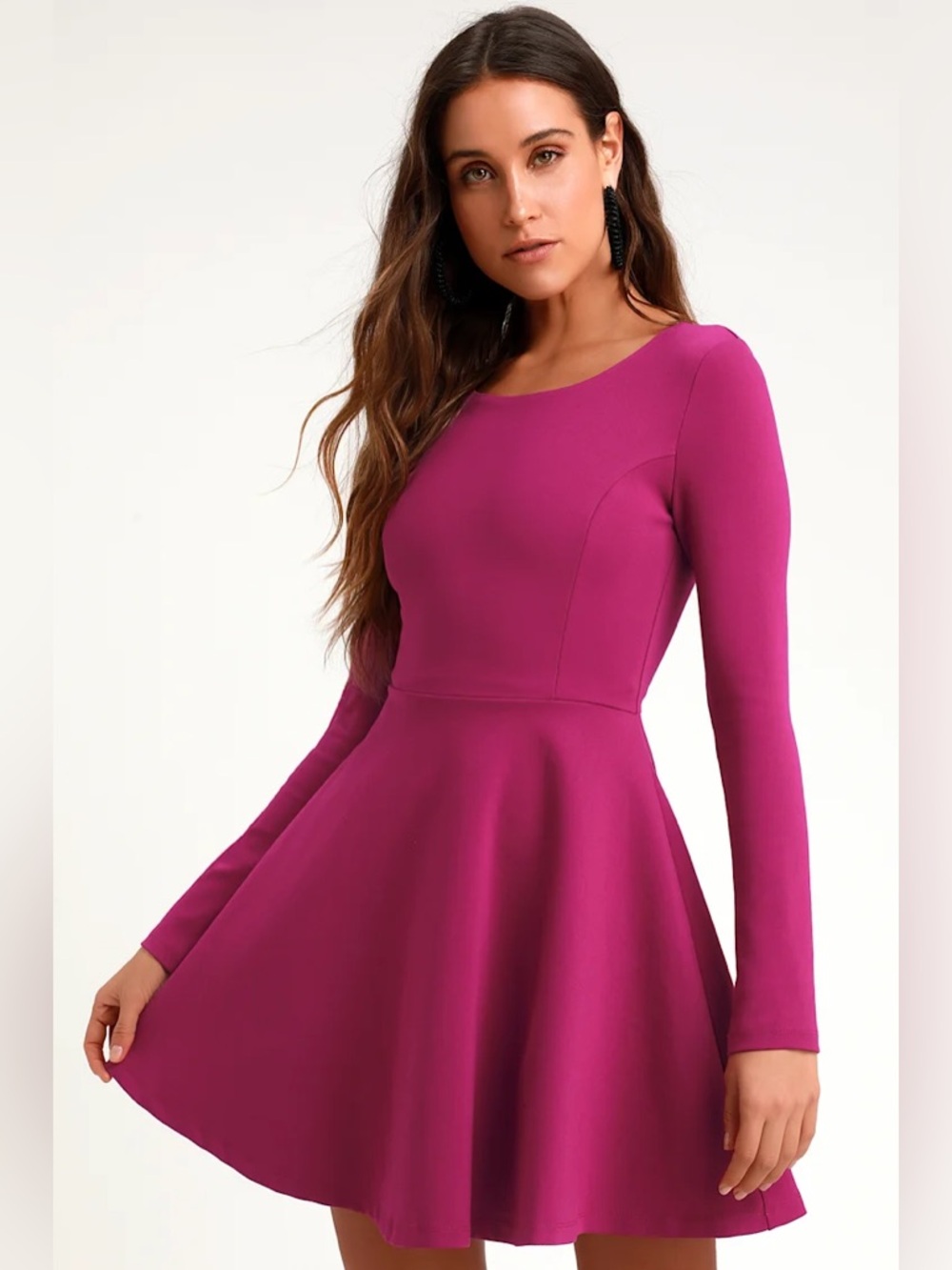 Lulus Forever Chic Magenta Long Sleeve Skater Dress Size Small EUC
